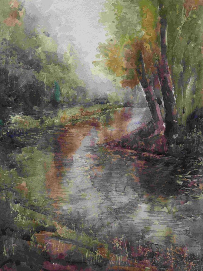 River landscape painting made with water colour