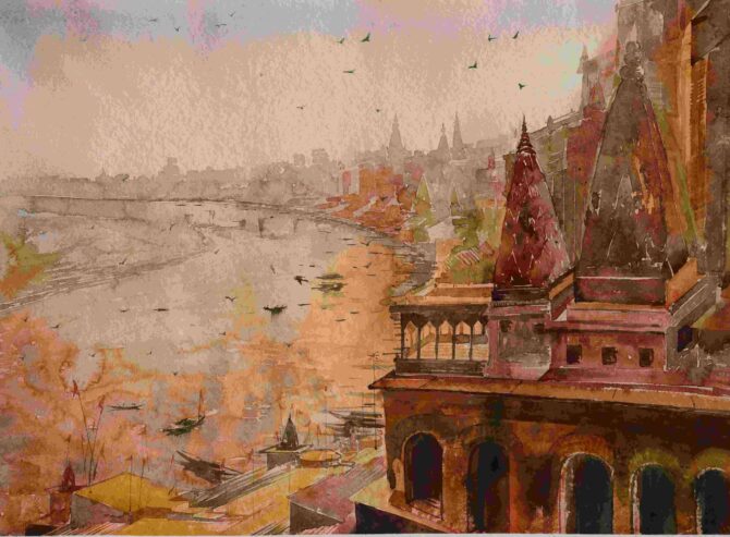 varanasi ghat painting made with watercolour