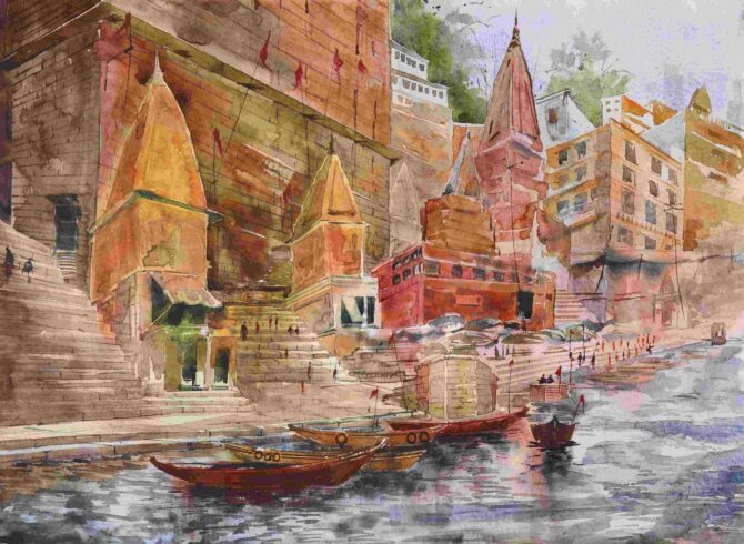 varanasi ghat painting made with watercolour