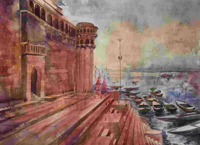 varanasi ghat painting made with watercolour