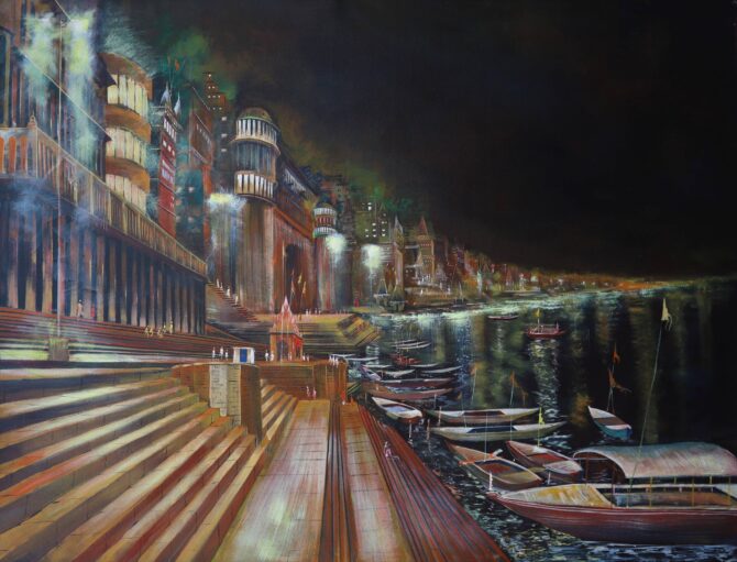 varanasi ghat landscape  painting made with acrylic colour