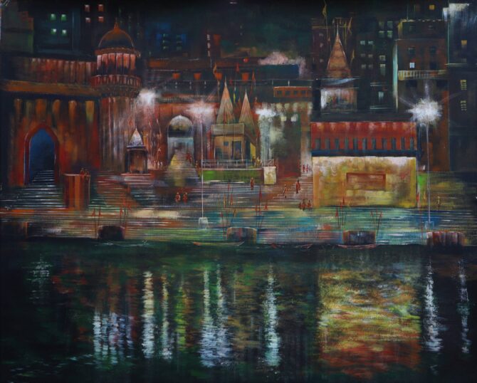 varanasi ghat landscape  painting made with acrylic colour