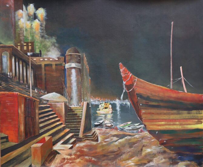 varanasi ghat landscape  painting made with acrylic colour