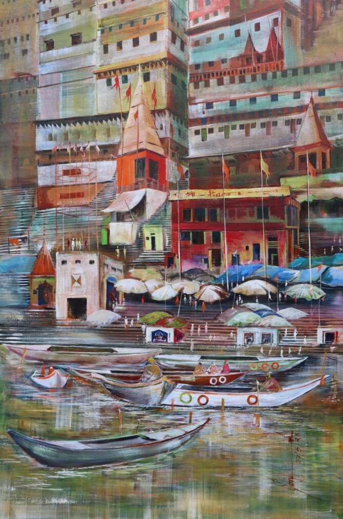 varanasi ghat landscape  painting made with acrylic colour