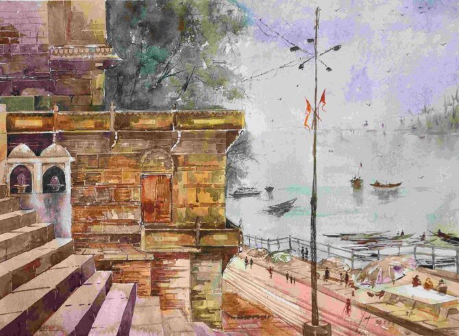 varanasi ghat painting made with watercolour