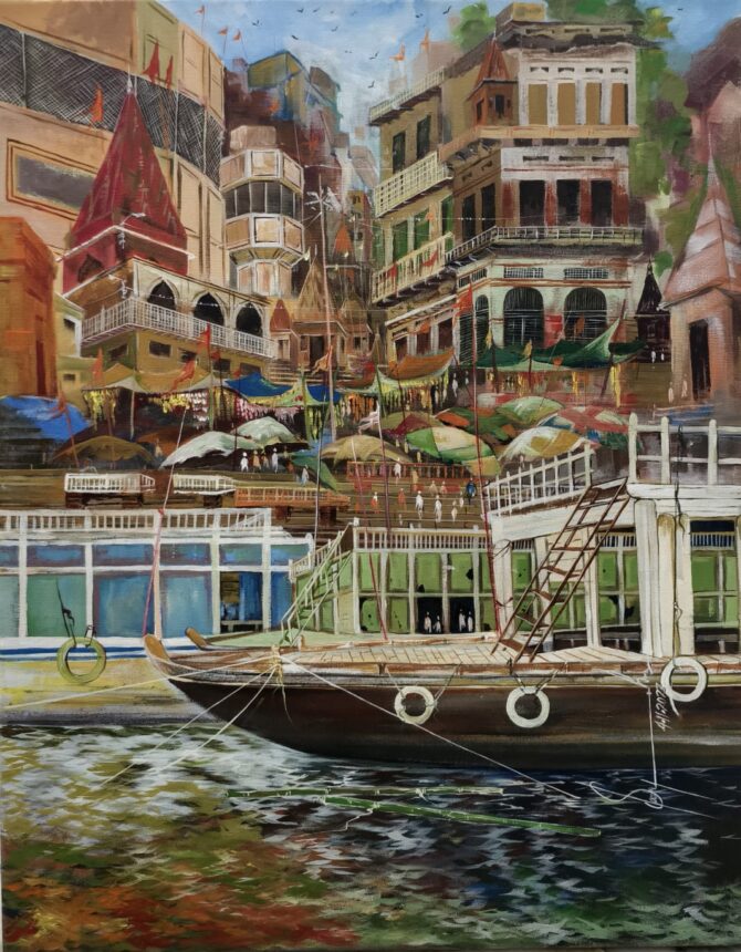 Varanasi Ghat landscape made with acrylic color