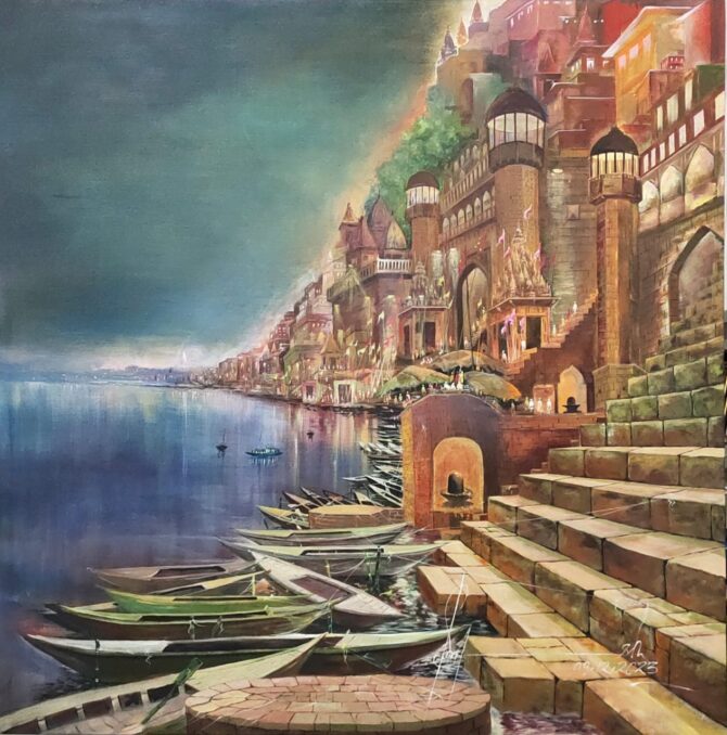 Varanasi Ghat landscape painting made with acrylic color