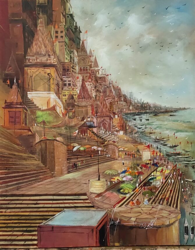 Varanasi Ghat landscape painting made with acrylic color