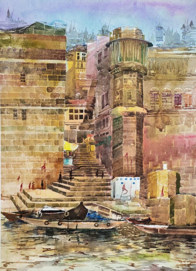 Varanasi ghat painting made with watercolour