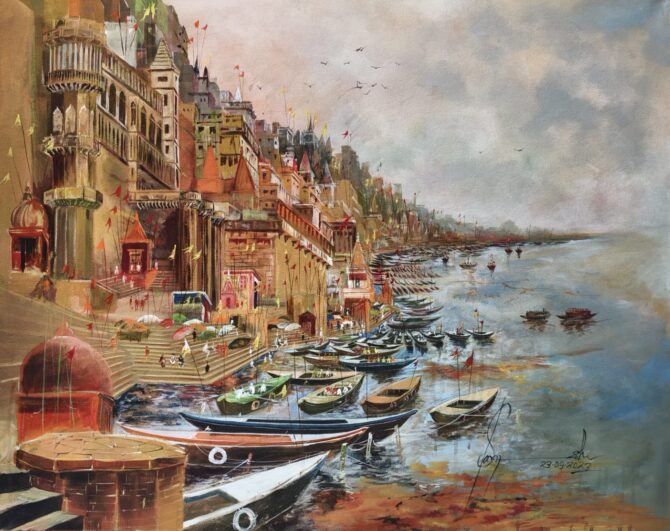 Varanasi Ghat landscape painting made with acrylic color