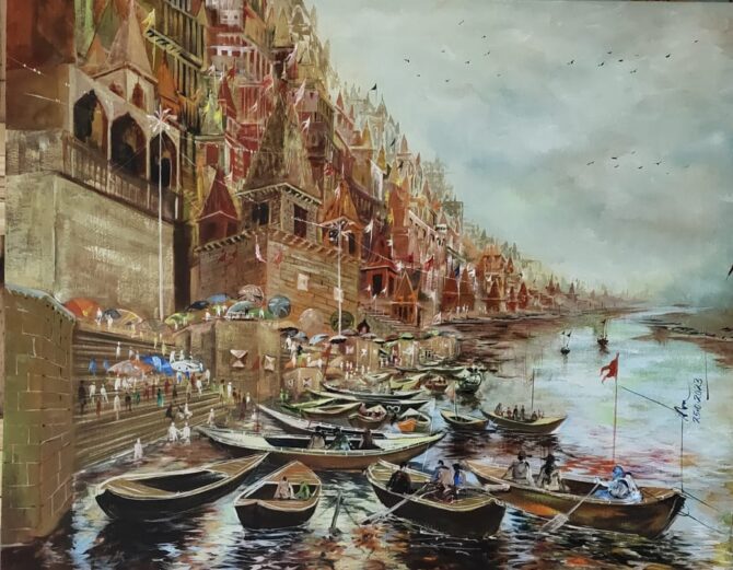 Varanasi Ghat landscape made with acrylic colour