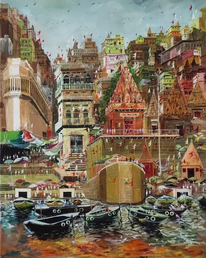 Varanasi Ghat painting made with acrylic color