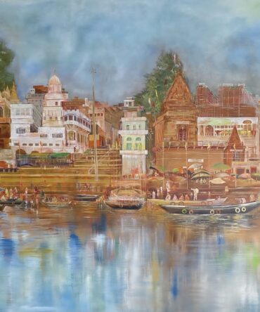 Varanasi Ghat Acrylic Painting Large Canvas Art 47x71 Inch