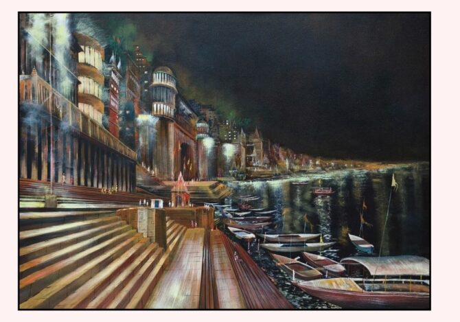 Varanasi at Night – A Divine Glow Acrylic Painting