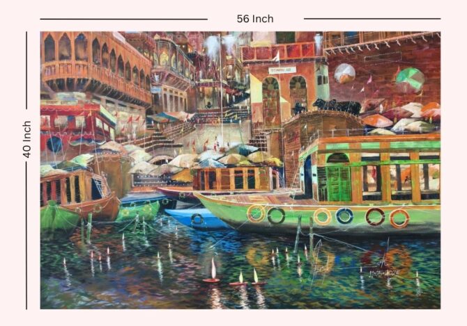 Colorful Boats at Varanasi Ghats - Acrylic Painting on Canvas - 56x40 Inch - Image 2
