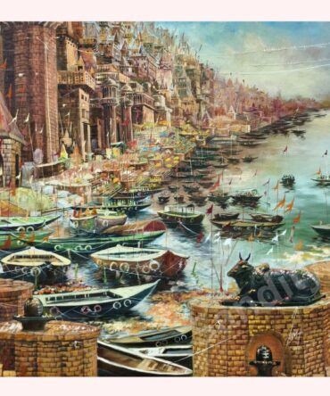 Nandi Overlooking Varanasi Ghats - Acrylic Painting on Canvas - 54x36 Inch