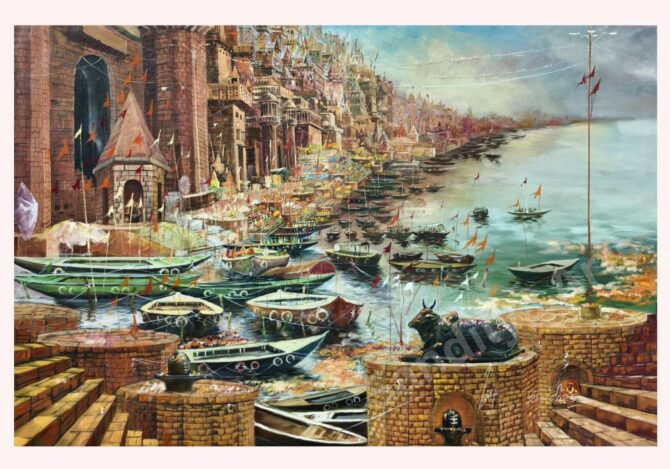 Nandi Overlooking Varanasi Ghats - Acrylic Painting on Canvas - 54x36 Inch