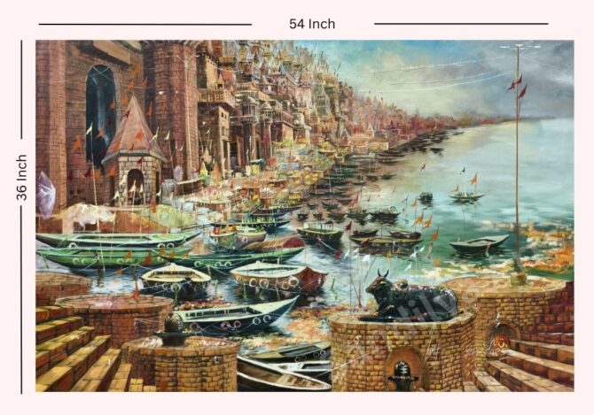 Nandi Overlooking Varanasi Ghats - Acrylic Painting on Canvas - 54x36 Inch - Image 2