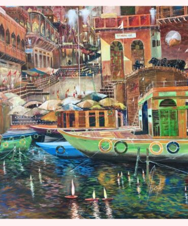 Colorful Boats at Varanasi Ghats - Acrylic Painting on Canvas - 56x40 Inch