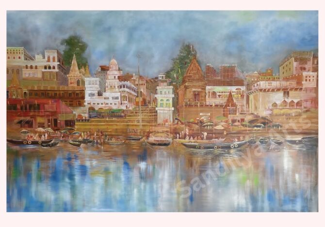 Morning Serenity at Varanasi Ghat - Acrylic Painting on Canvas - 60x48 Inch