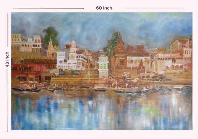 Morning Serenity at Varanasi Ghat - Acrylic Painting on Canvas - 60x48 Inch - Image 2