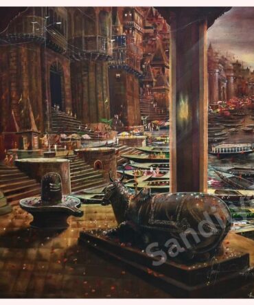Divine View of Varanasi Ghat with Nandi & Shiva Ling - Acrylic on Canvas - 60x48 Inch
