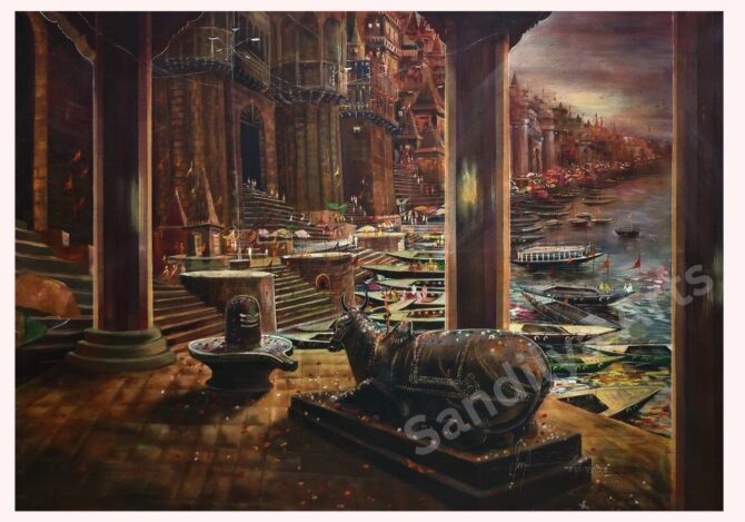 Divine View of Varanasi Ghat with Nandi & Shiva Ling - Acrylic on Canvas - 60x48 Inch