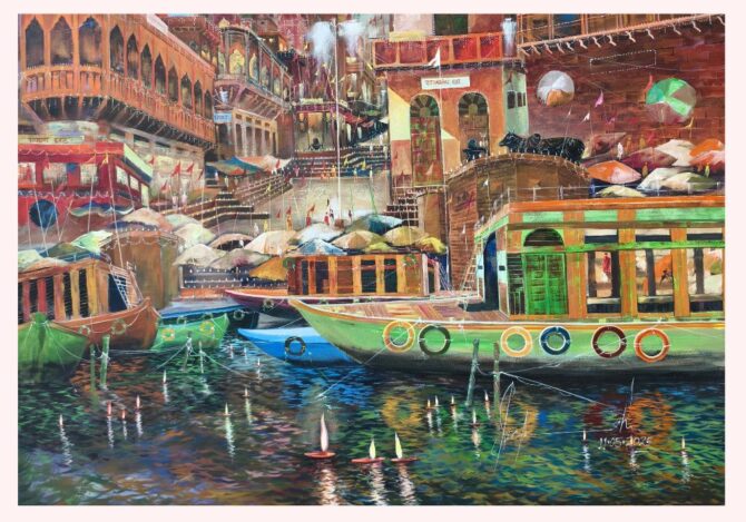 Colorful Boats at Varanasi Ghats - Acrylic Painting on Canvas - 56x40 Inch