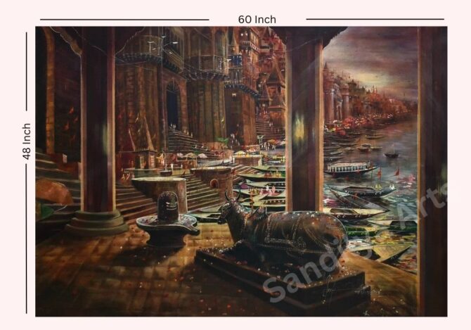 Divine View of Varanasi Ghat with Nandi & Shiva Ling - Acrylic on Canvas - 60x48 Inch - Image 2