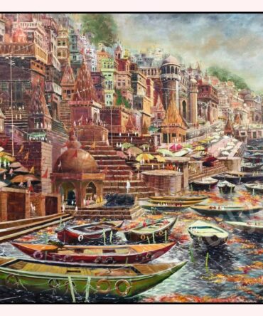 Majestic Varanasi Ghat Acrylic Painting on Canvas - 60x48 Inch
