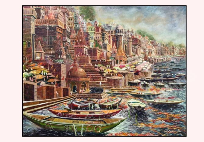Majestic Varanasi Ghat Acrylic Painting on Canvas - 60x48 Inch