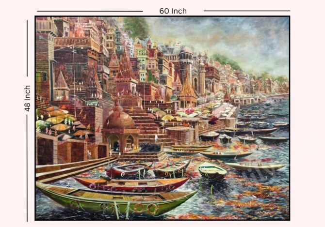 Majestic Varanasi Ghat Acrylic Painting on Canvas - 60x48 Inch - Image 2