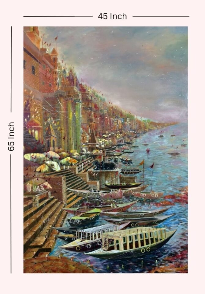 Panoramic Varanasi Ghats - Acrylic Painting on Canvas - 45x65 Inch - Image 2