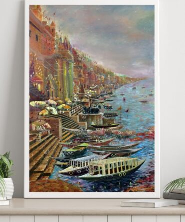 Panoramic Varanasi Ghats - Acrylic Painting on Canvas - 45x65 Inch
