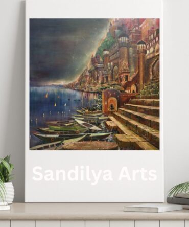 Twilight at Varanasi Ghat Acrylic Painting on Canvas - 46x46 Inch