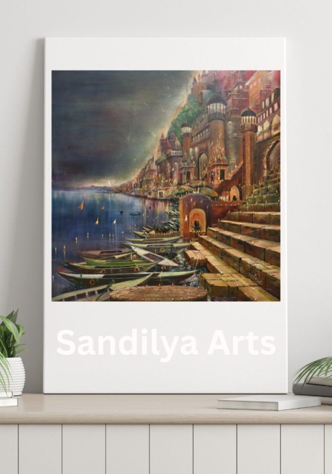 Twilight at Varanasi Ghat Acrylic Painting on Canvas - 46x46 Inch