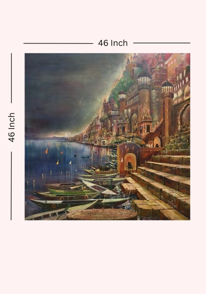 Twilight at Varanasi Ghat Acrylic Painting on Canvas - 46x46 Inch - Image 2
