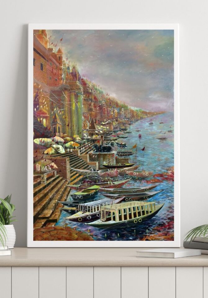 Panoramic Varanasi Ghats - Acrylic Painting on Canvas - 45x65 Inch
